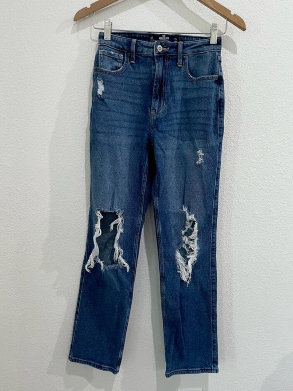 Hollister High Rise Stacked Distressed Jeans Boho Ripped Vintage Straight